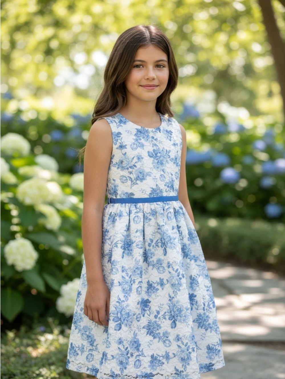 Nannette White and Blue Floral Toile Pleated Lace Girl’s Sundress Crew Neck